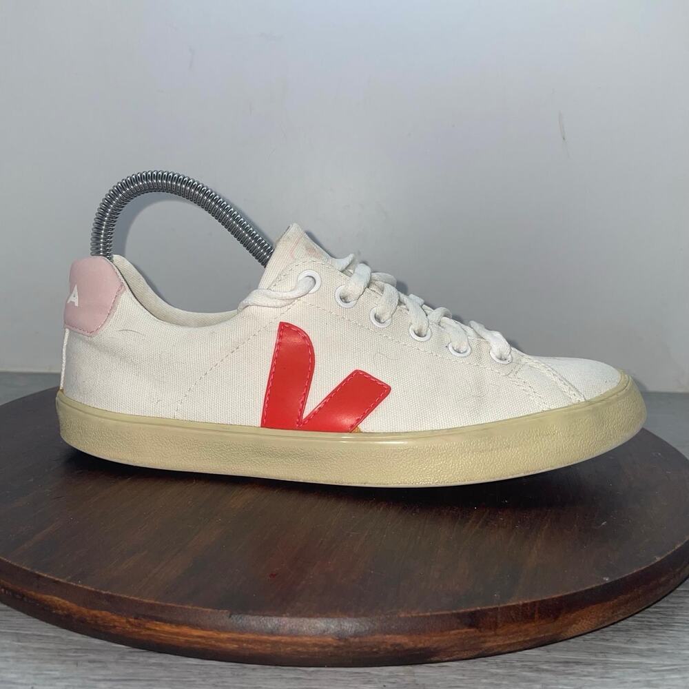 Veja Esplar Logo Sneakers Women’s Size 7 White Red Shoes Classic Comfort Canvas